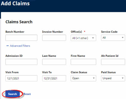 The Add Claims Claims Search page displays several search filters and a Search button to specify and trigger searches.
